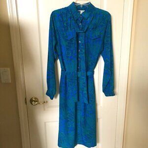 Don Elliot USA Blue & Green Sport Dress Long Sleeve w/ Belt & Sash Womens Size 8